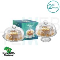 Conjunto 2 Mini Boleiras de Vidro com e sem Pé e Tampa Pétalas de Jasmin Vitazza: Prato 24cm para Bolo, Festa, Mesa Posta Elegante e Sustentável