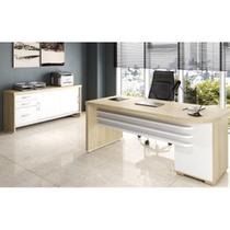 Conjunto 2 Peças 1 Mesa 180cm Tamburato 4 Gavetas com Balcão 2 Portas 3 Carvalho Branco