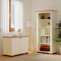 Conjunto 2 Peças Armário Multiuso Baixo 2 Portas e Estante para Livros Ananda CabeCasa MadeiraOriginals Off White Mel Branco