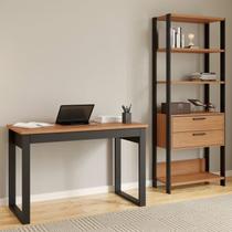 Conjunto 2 Peças com Escrivaninha 1 Gaveta 118cm e Estante Torre 2 Gavetas 100% MDF Freijó Preto