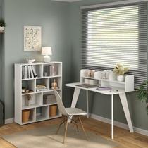 Conjunto 2 Peças com Escrivaninha 120cm e Estante para Livros com 10 Nichos Branco Conjunto 2 Peças com Escrivaninha 120cm e Estante para Livros com 10 Nichos Branco