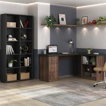 Conjunto 2 Peças com Escrivaninha em L com Nichos e 3 Gavetas e Estante Clean com 10 Ipê Preto