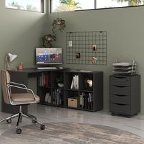 Conjunto 2 Peças com Escrivaninha em L e Gaveteiro Bit Organizador com Chave 4 Gavetas 8 Nichos 135cm Preto