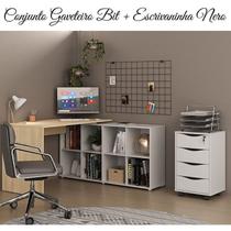Conjunto 2 Peças com Escrivaninha Nero em L com e Gaveteiro Bit 4 Gavetas 8 Nichos 135cm Carvalho E Branco