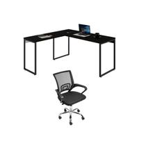 Conjunto 2 Peças com Mesa Escritório em L Industrial 150cm Kuadra e Cadeira de Diretor Santiago Preto Ônix