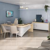 Conjunto 2 Peças com Mesa para Escritório Diretor em L em Tamburato e Armário Multiuso Baixo com 3 Gavetas 2 Portas Carvalho Branco Conjunto 2 Peças com Mesa para Escritório Diretor em L em Tamburato e Armário Multiuso Baixo com 3 Gavetas 2 Portas Carvalho Branco