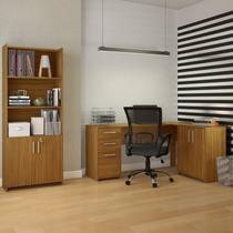 Conjunto 2 Peças com Mesa para Escritório em L e Armário Multiuso Alto Aberto Espresso Móveis Branco Freijó
