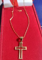 Conjunto 2 Peças Cordão Tubinho Ouro 18 Kilates Peso 1.60 Gramas 60 Cm 0.7mm e Cruz 1.20 Gramas 20 mm