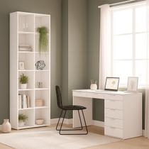 Conjunto 2 Peças Escrivaninha 120 cm 7 Gavetas com Estante Multiuso 12 Nichos Caracol Branco