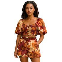 Conjunto 2 Peças Feminino Cropped Floral com Shorts