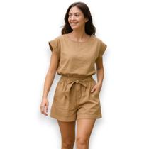 Conjunto 2 Peças Tamanho Único Blusa Manga Curta + Shorts Com Cinto Elástico Bege