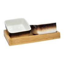 Conjunto 2 Petisqueiras Cerâmica Estilo Nórdico com Base de Bambu - Branco Marrom