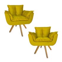 Conjunto 2 Poltrona Estofada Base Giratória De Madeira Clínica Opala Suede Amarelo - DL Decor