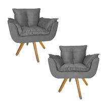 Conjunto 2 Poltrona Estofada Base Giratória De Madeira Clínica Opala Suede Cinza - LM DECOR