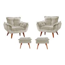 Conjunto 2 Poltronas + 2 Puff Opala Luxo com Pés Estilo Retrô - Nude