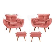 Conjunto 2 Poltronas + 2 Puff Opala Luxo com Pés Estilo Retrô - Rosa