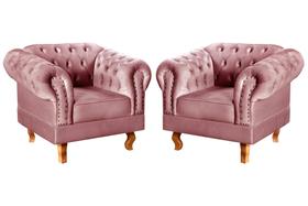 Conjunto 2 Poltronas Chesterfield Dom Pedro Decoração Sala Recepção Retrô Rosa Rose