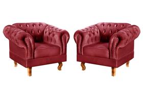 Conjunto 2 Poltronas Chesterfield Dom Pedro Decoração Sala Recepção Retrô Vermelho Bordô