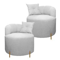 Conjunto 2 Poltronas Decorativas Grecia Linho Bouclê Cinza Com Pés De Metal SOFA STORE