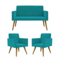 Conjunto 2 Poltronas Decorativas Nina e 1 Namoradeira Pés Palito Suede Azul Tifany Moraes Decor