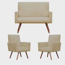 Conjunto 2 Poltronas Decorativas Nina e 1 Namoradeira Pés Palito Suede Bege VickyDecor