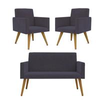 Conjunto 2 Poltronas Decorativas Nina e 1 Namoradeira Pés Palito Suede Moraes Decor