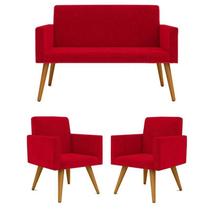 Conjunto 2 Poltronas Decorativas Nina e 1 Namoradeira Pés Palito Suede Vermelho DecorArt