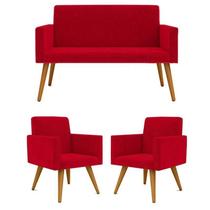Conjunto 2 Poltronas Decorativas Nina e 1 Namoradeira Pés Palito Suede Vermelho VickyDecor Conjunto 2 Poltronas Decorativas Nina e 1 Namoradeira Pés Palito Suede Vermelho VickyDecor