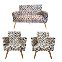 Conjunto 2 Poltronas Decorativas Nina e 1 Namoradeira Pés Palito Suede VictoriaDecor