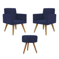 Conjunto 2 Poltronas Decorativas Nina e 1 Puff Redondo Pés Palito Suede Azul Marinho Moraes Decor