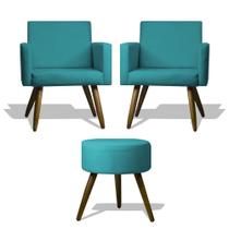 Conjunto 2 Poltronas Decorativas Nina e 1 Puff Redondo Pés Palito Suede Azul Tifany Moraes Decor