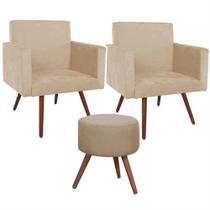 Conjunto 2 Poltronas Decorativas Nina e 1 Puff Redondo Pés Palito Suede Bege Moraes Decor