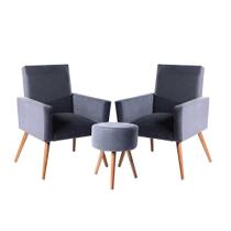 Conjunto 2 Poltronas Decorativas Nina e 1 Puff Redondo Pés Palito Suede Cinza Moraes Decor