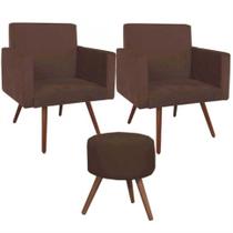 Conjunto 2 Poltronas Decorativas Nina e 1 Puff Redondo Pés Palito Suede Marrom Moraes Decor