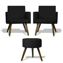 Conjunto 2 Poltronas Decorativas Nina e 1 Puff Redondo Pés Palito Suede Preto Moraes Decor