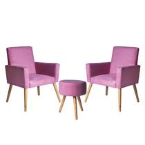 Conjunto 2 Poltronas Decorativas Nina e 1 Puff Redondo Pés Palito Suede Rosa Moraes Decor