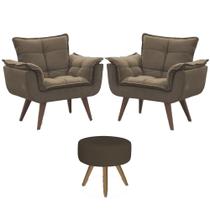 Conjunto 2 Poltronas Decorativas Opala e 1 Puff Redondo Pés Palito Suede Cappuccino VictoriaDecor