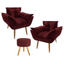 Conjunto 2 Poltronas Decorativas Opala e 1 Puff Redondo Pés Palito Suede Marsala Moraes Decor