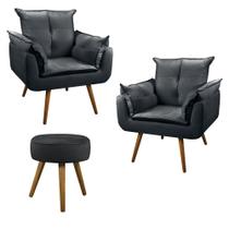 Conjunto 2 Poltronas Decorativas Opala e 1 Puff Redondo Pés Palito Suede Moraes Decor