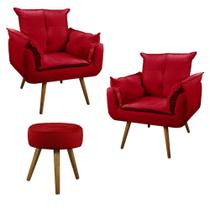 Conjunto 2 Poltronas Decorativas Opala e 1 Puff Redondo Pés Palito Suede Vermelho VickyDecor