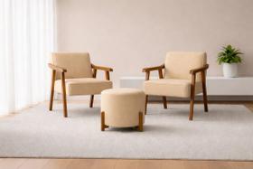 Conjunto 2 Poltronas Decorativas + Pufe Sala Madeira, Linho Bege Linho Conjunto 2 Poltronas Decorativas + Pufe Sala Madeira, Linho Bege Linho