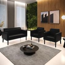 Conjunto 2 Poltronas e 1 Namoradeira Decorativa Isabella Pés Fixo em Madeira PU Preto Brilho G19 - Gran Belo