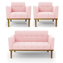 Conjunto 2 Poltronas e 1 Namoradeira Decorativa Karen Pés Fixo em Madeira Castanho Suede Rosa Bebê G19 - Gran Belo Conjunto 2 Poltronas e 1 Namoradeira Decorativa Karen Pés Fixo em Madeira Castanho Suede Rosa Bebê G19 - Gran Belo