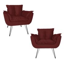 Conjunto 2 Poltronas Estofadas Para Escritório Pés de Ferro Opala Suede Vermelho Bordo - DL Decor