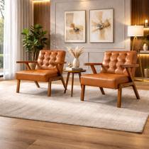 Conjunto 2 Poltronas material sintético Zara Capitone Moderna Decorativa Braços Assimétricos 64cm Para Sala Escritório cor:caramelo Conjunto 2 Poltronas material sintético Zara Capitone Moderna Decorativa Braços Assimétricos 64cm Para Sala Escritório cor:caramelo