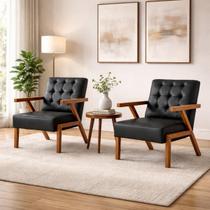 Conjunto 2 Poltronas material sintético Zara Capitone Moderna Decorativa Braços Assimétricos 64cm Para Sala Escritório cor:preto