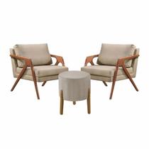 Conjunto 2 Poltronas Mona Decorativa e 1 Puff Thor Estofado Base Madeira Maciça Linho Bege