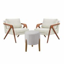 Conjunto 2 Poltronas Mona Decorativa e 1 Puff Thor Estofado Base Madeira Maciça Linho Cru