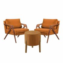 Conjunto 2 Poltronas Mona Decorativa e 1 Puff Thor Estofado Base Madeira Maciça Veludo Terracota