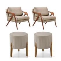 Conjunto 2 Poltronas Mona Decorativa e 2 Puff Thor Estofado Base Madeira Maciça Linho Bege